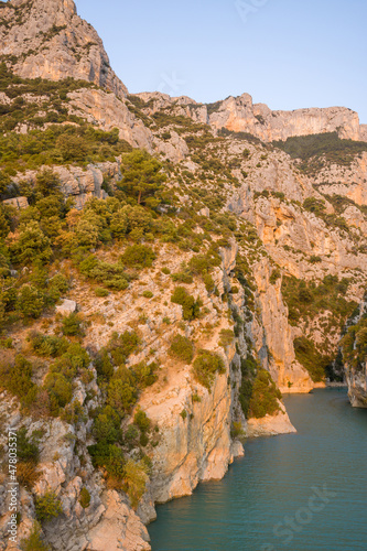The cliff side of the Gorges du Verdon in Europe, France, Provence Alpes Cote dAzur, Var, in summer on a sunny day.