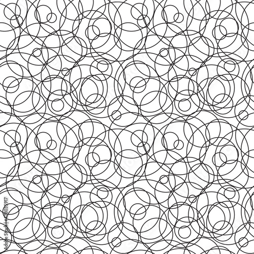 Abstract hand drawn seamless pattern, black and white messy round lines texture.