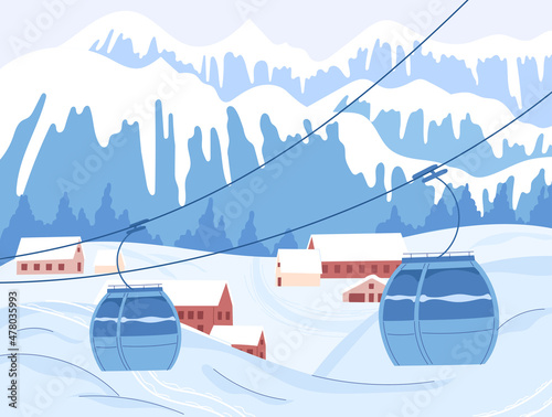 Winter mountain landscape with a cable car. Ski resort.