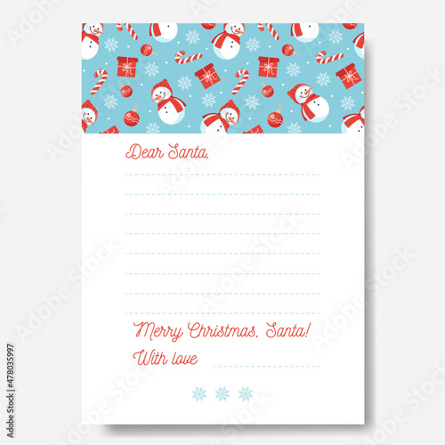 Christmas letter to Santa Claus template. Layout in A4 size. Decorated paper sheet with pattern on blue background with traditional Christmas symbols and decorative elements