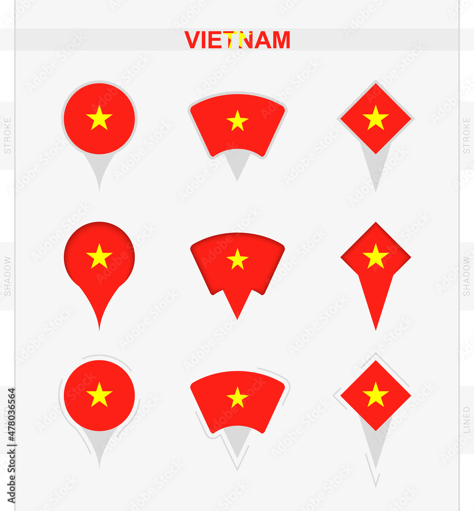 Vietnam flag, set of location pin icons of Vietnam flag. Vietnam flag, set of location pin icons of Vietnam flag.