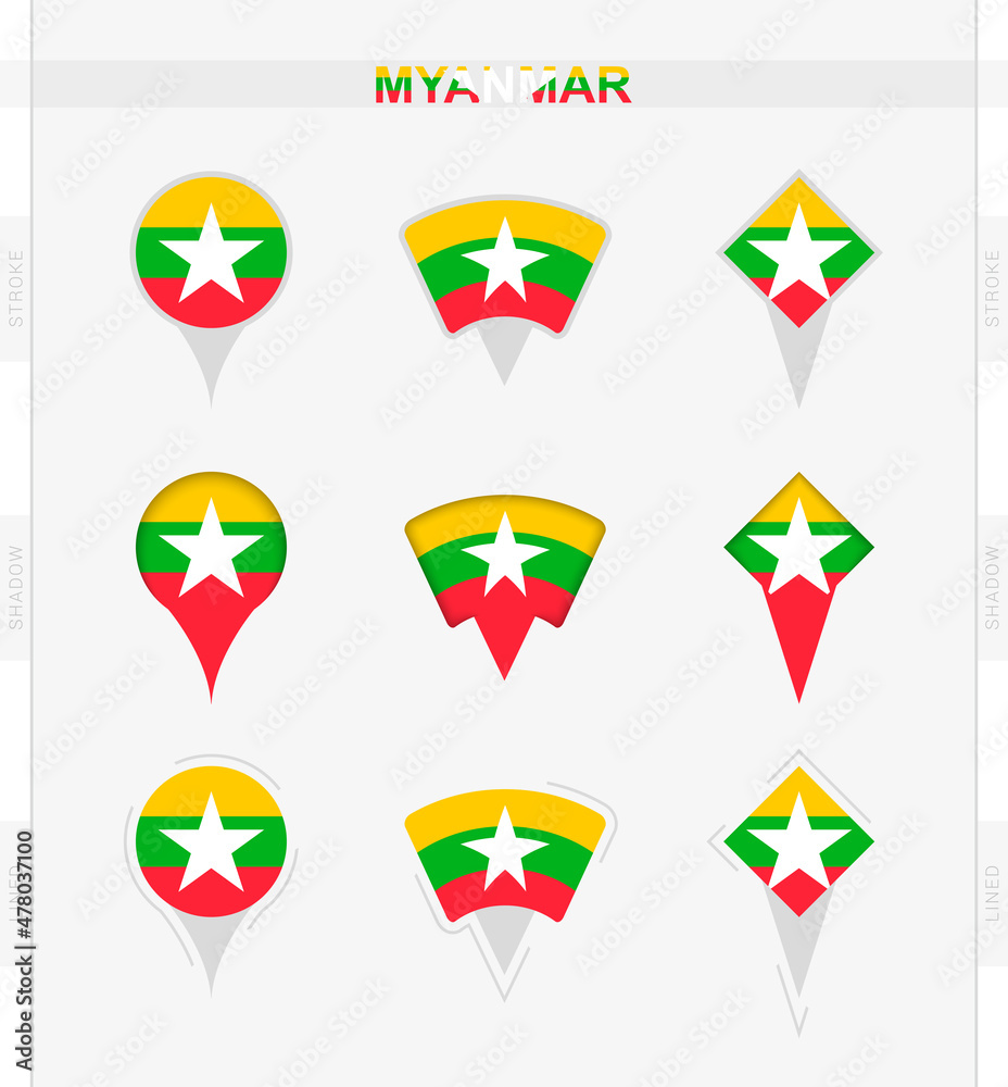 Myanmar flag, set of location pin icons of Myanmar flag. Myanmar flag, set of location pin icons of Myanmar flag.