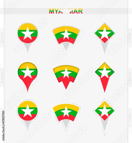 Myanmar flag, set of location pin icons of Myanmar flag.