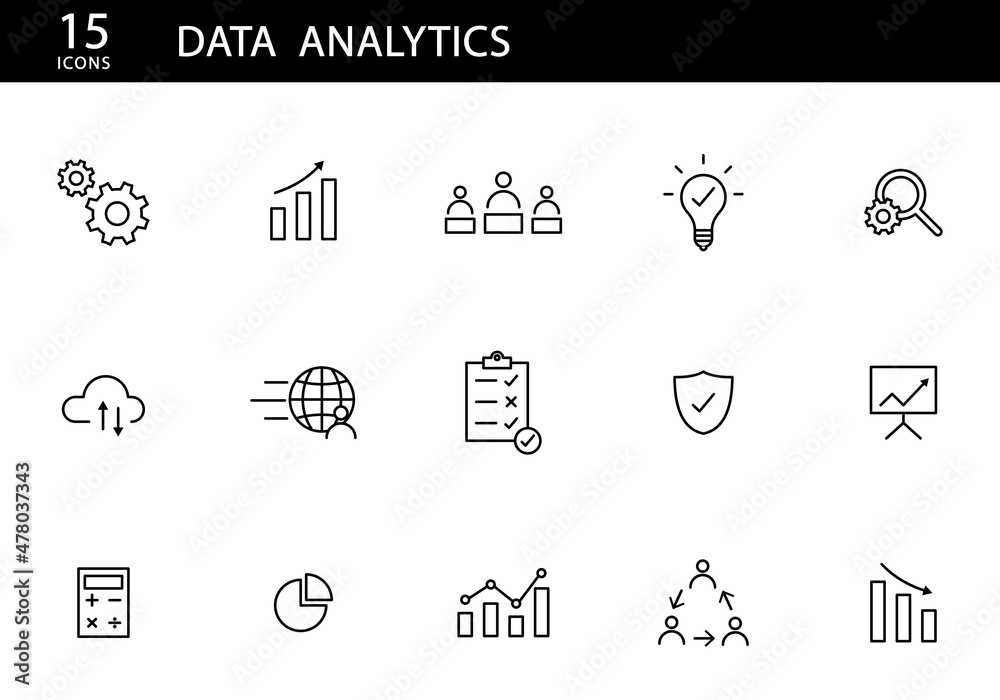 Conjunto de iconos de analítica de datos.
Análisis de negocio, idea, protección, subir y bajar archivos, navegar, trabajo en equipo, porcentaje. Ilustración vectorial, estilo iconos simples