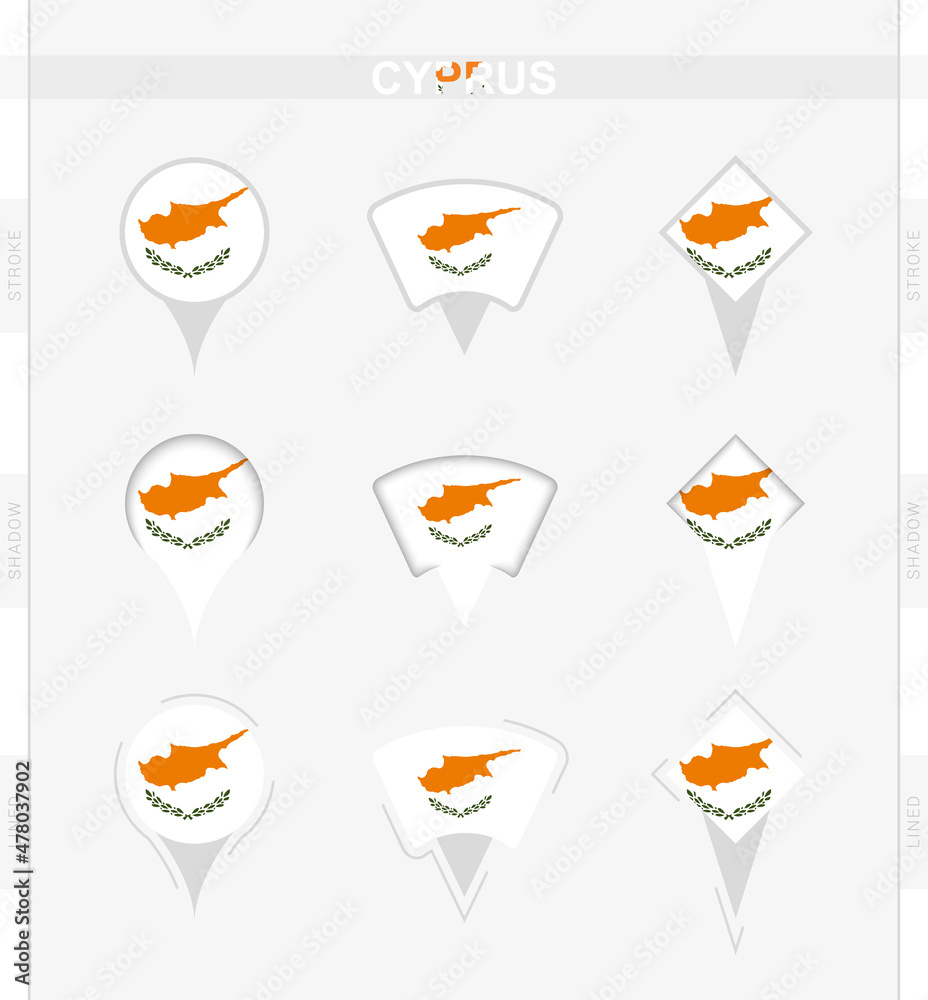 Fototapeta premium Cyprus flag, set of location pin icons of Cyprus flag.
