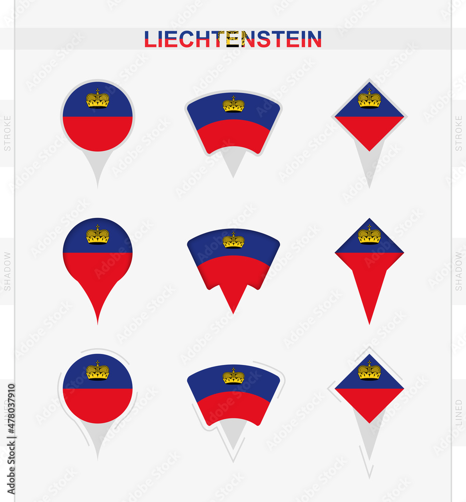 Liechtenstein flag, set of location pin icons of Liechtenstein flag. Liechtenstein flag, set of location pin icons of Liechtenstein flag.