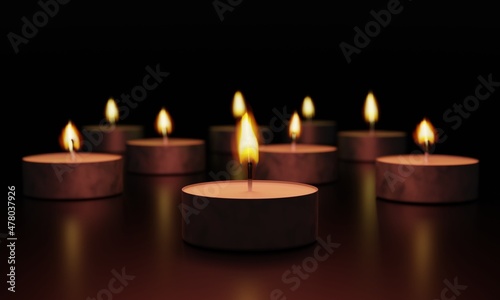 Little candles in the darkness, closeup. Burning candles with beautiful out of focus. 3D Render