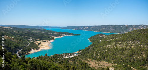 Fototapeta Naklejka Na Ścianę i Meble -  The panoramic view of Lake Sainte-Croix in Europe, France, Provence Alpes Cote dAzur, Var, in summer, on a sunny day.