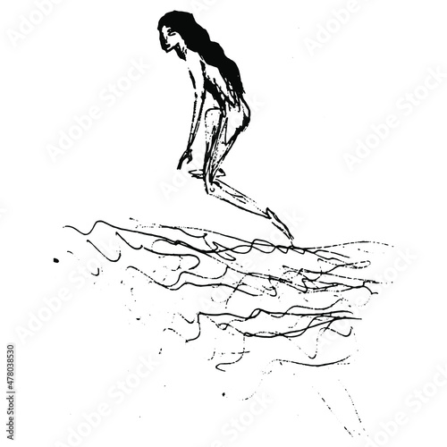 The birth of Venus. Young girl emerging from sea waves. Little Mermaid. Goddess Aphrodite. Hand drawn linear doodle rough sketch. Black ink silhouette on white background.