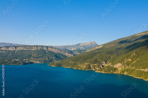 The Lac de Castillon with its banks in Europe, in France, Provence Alpes Cote dAzur, in the Var, in summer, on a sunny day.