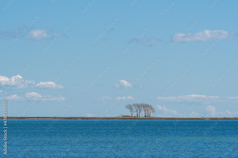 Blick auf die Mündung der Schlei in die Ostsee mit Landzunge und Bäumen