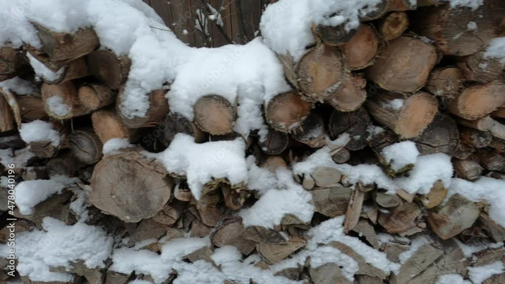 Side of pile of chopped stacked firewood in winter snow.
Side of pile of chopped stacked firewood in winter snow.