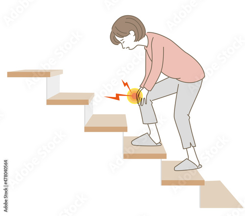 階段の途中で膝を抑える中年女性のベクターイラスト