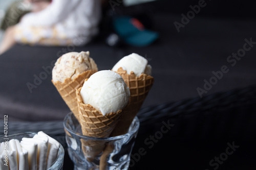 Three icecream cone in cup. Concept for food and dessert. © Panithan