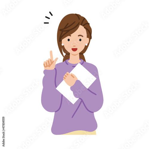 立って書類を手に持って何かひらめいたリモートワークの女性