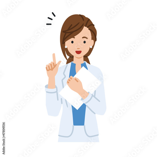 立って書類を手に持って何かひらめいたジャケットの女性