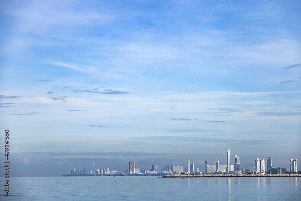 Panorama big city with skyscape and the sea . Background for pattaya city skyscape in thailand