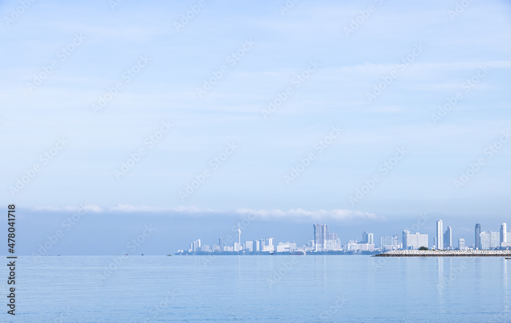 Panorama big city with skyscape and the sea . Background for pattaya city skyscape in thailand