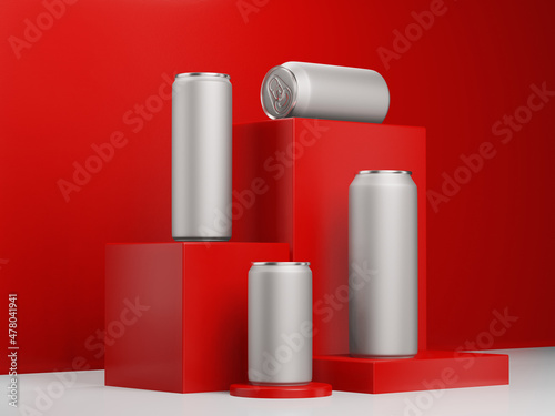 Four silver soda can mockup on boxes, red dan white background