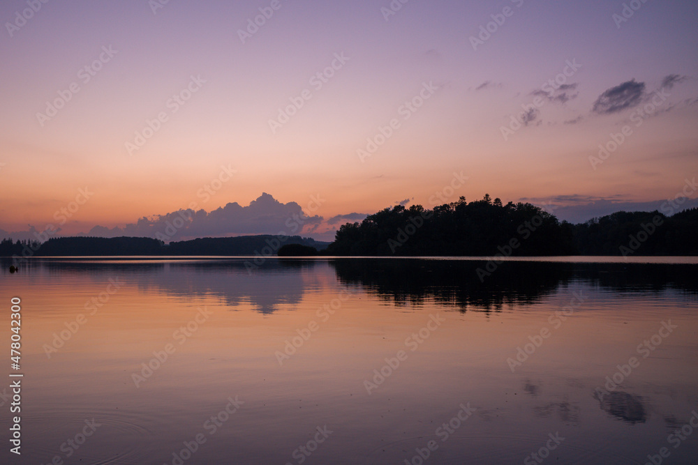 The sunset on the Lac des Settons in Europe, France, Burgundy, Nievre, Morvan, in summer.
