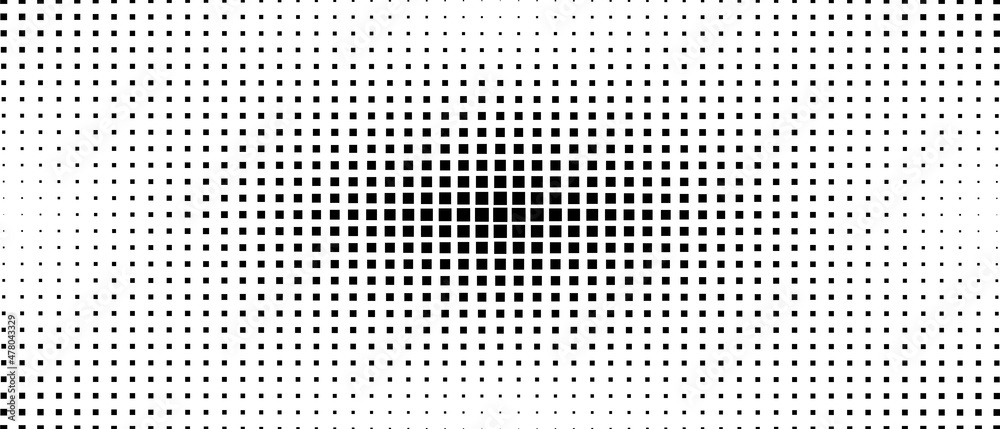 Halftone mosaic background. Monochrome design of chaotic geometric shapes. Pattern on the lines. Banner, poster for technologies, websites, social networks. Vector illustration.
