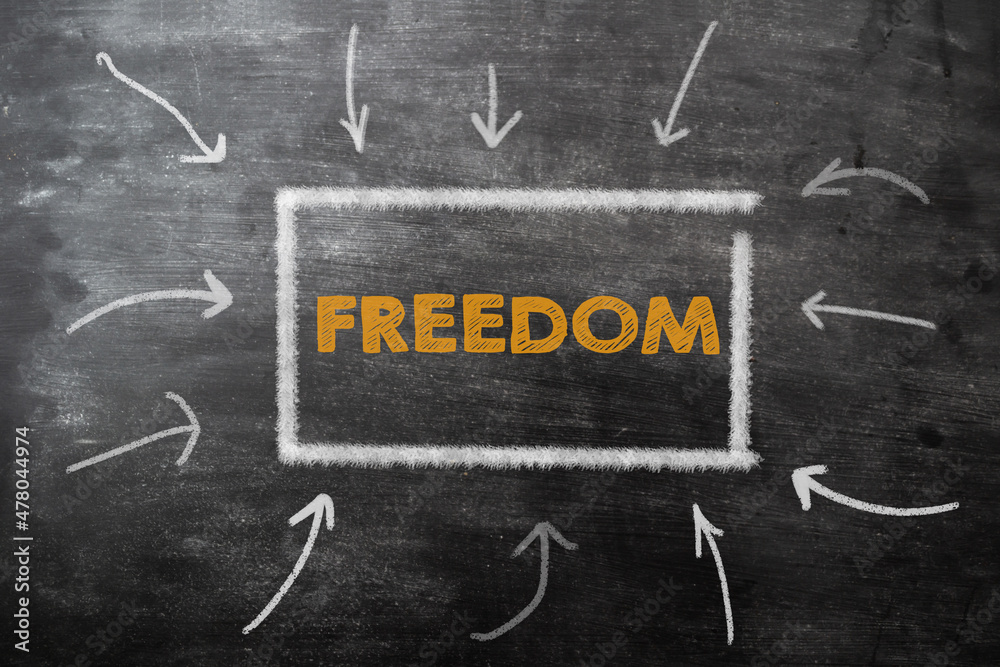 The arrows on the chalkboard indicate the text FREEDOM. The concept of free choice, equality, independence The arrows on the chalkboard indicate the text FREEDOM. The concept of free choice, equality, independence
