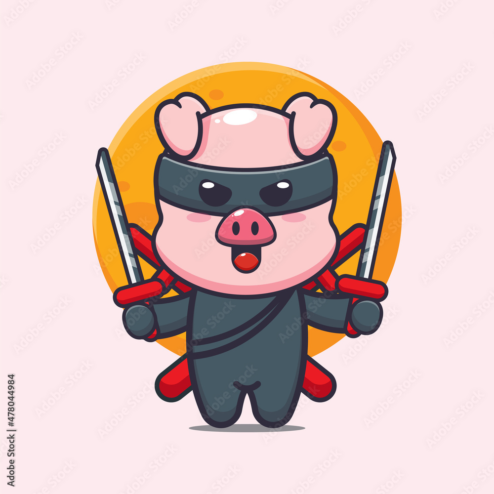 Cute pig ninja. Cute cartoon animal illustration. Cute cartoon animal illustration.
