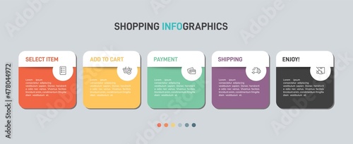 Concept of shopping process with 5 successive steps. Five colorful graphic elements. Timeline design for brochure, presentation, web site. Infographic design layout.