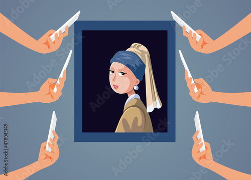 Tourists Taking Photos of a Painting in the Museum Vector Cartoon