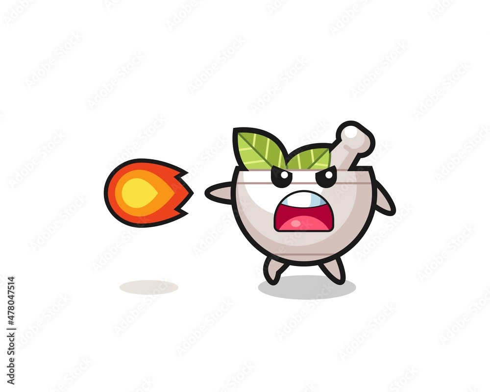 cute herbal bowl mascot is shooting fire power