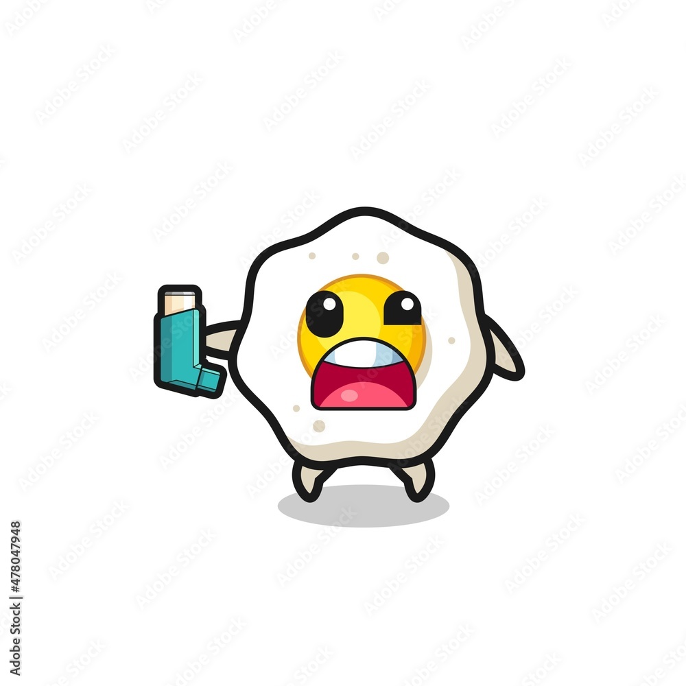 fried egg mascot having asthma while holding the inhaler