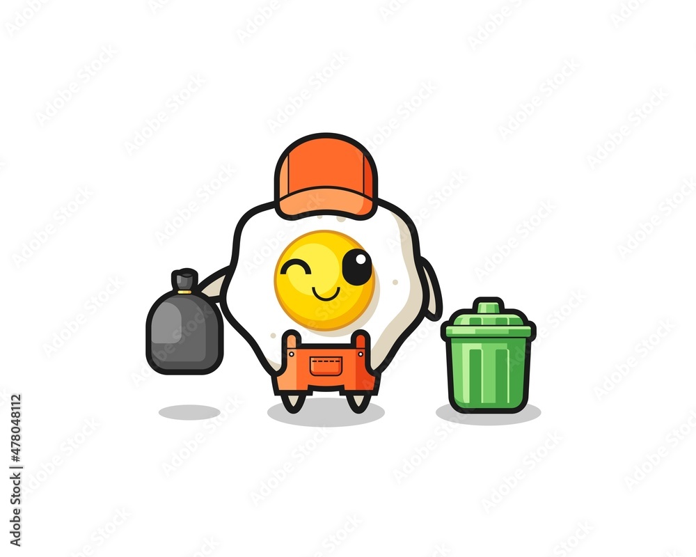 the mascot of cute fried egg as garbage collector