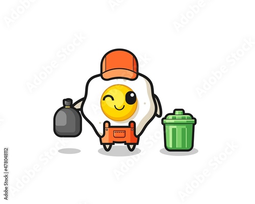 the mascot of cute fried egg as garbage collector