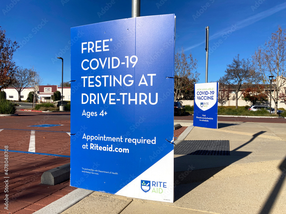 Free Covid19 testing at drive thru sign at Rite Aid drugstore store