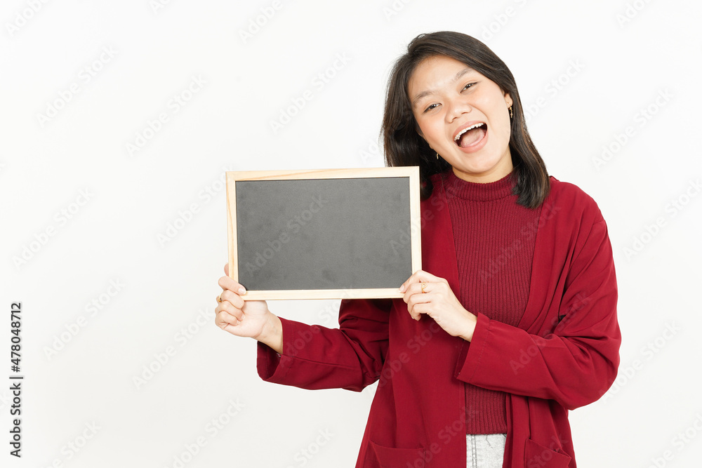 Showing, Presenting and holding Blank Blackboard Of Beautiful Asian Woman Wearing Red Shirt Showing, Presenting and holding Blank Blackboard Of Beautiful Asian Woman Wearing Red Shirt