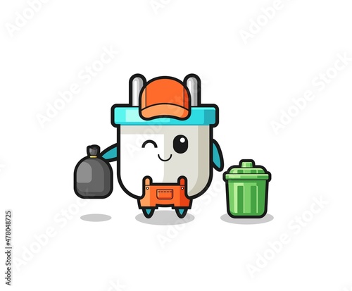the mascot of cute electric plug as garbage collector