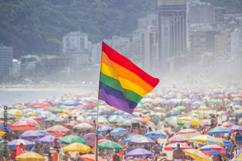 rainbow flag of the LGBT movement at Ipanema beach in Rio de Janeiro - Brazil.