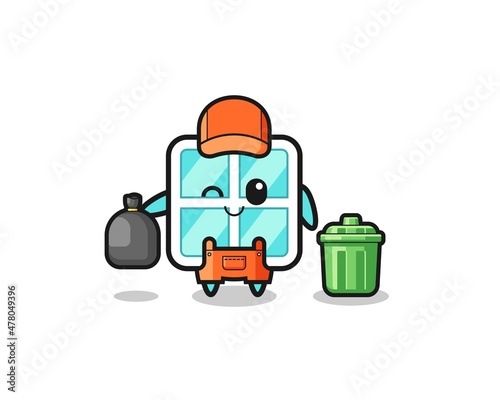 the mascot of cute window as garbage collector