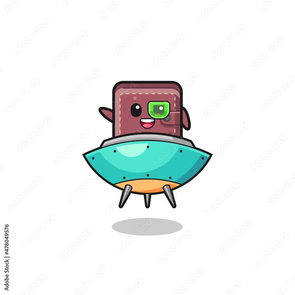 leather wallet cartoon riding a future spaceship