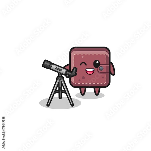 leather wallet astronomer mascot with a modern telescope