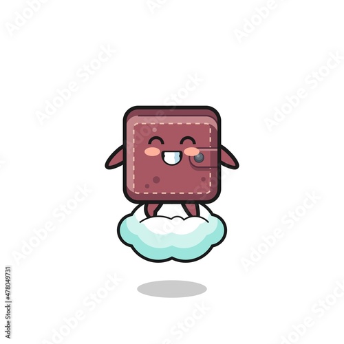 cute leather wallet illustration riding a floating cloud