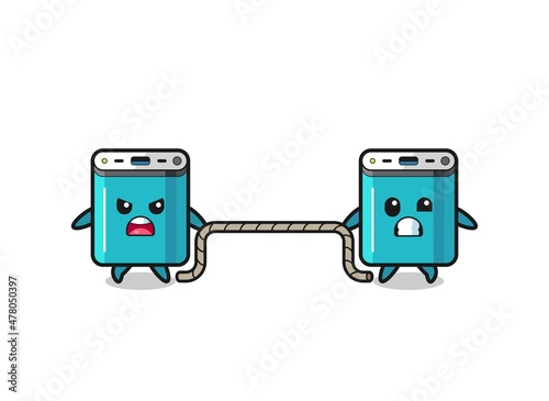 cute power bank character is playing tug of war game