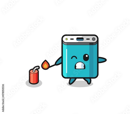 power bank mascot illustration playing firecracker