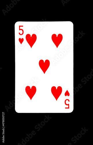 Five of Hearts Playing Card on Black Background