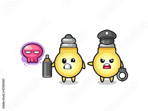 light bulb cartoon doing vandalism and caught by the police