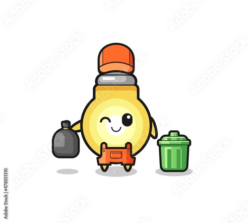 the mascot of cute light bulb as garbage collector