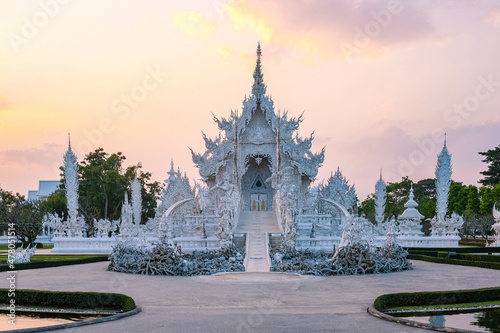 Chiang Rai Thailand, white temple Chiangrai during sunset, Wat Rong Khun, aka The White Temple, in Chiang Rai, Thailand. Panorama white temple Thailand photo