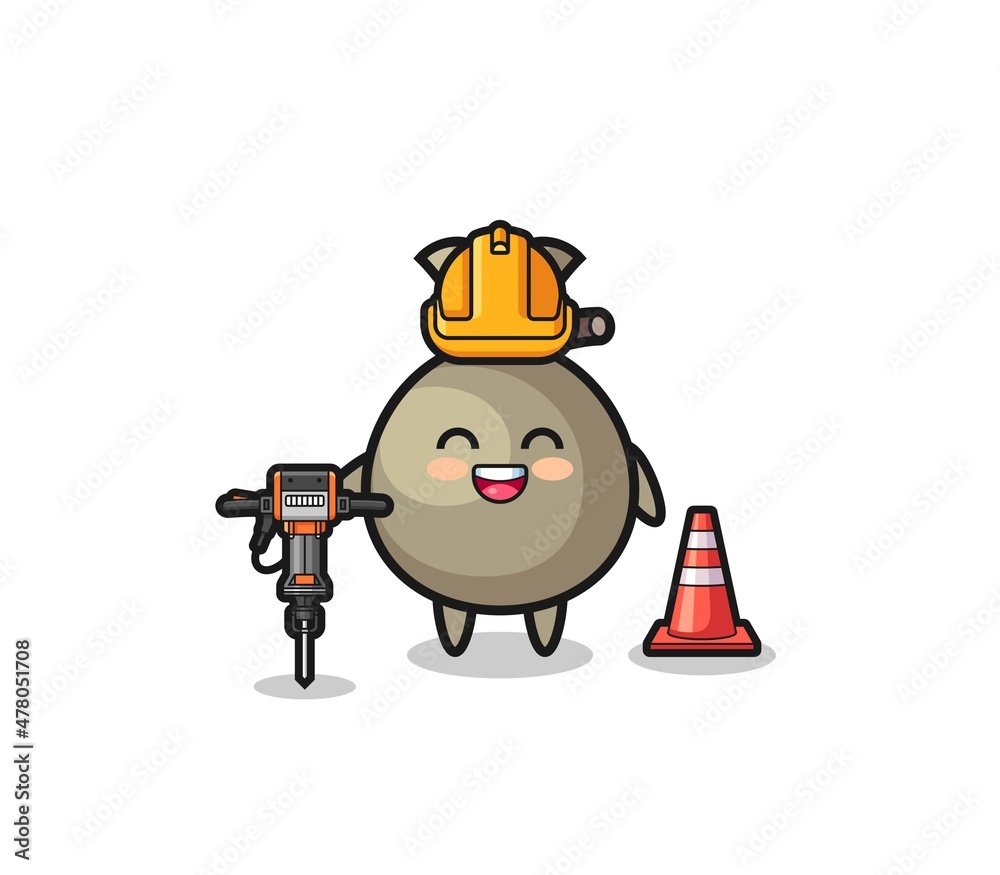 road worker mascot of money sack holding drill machine