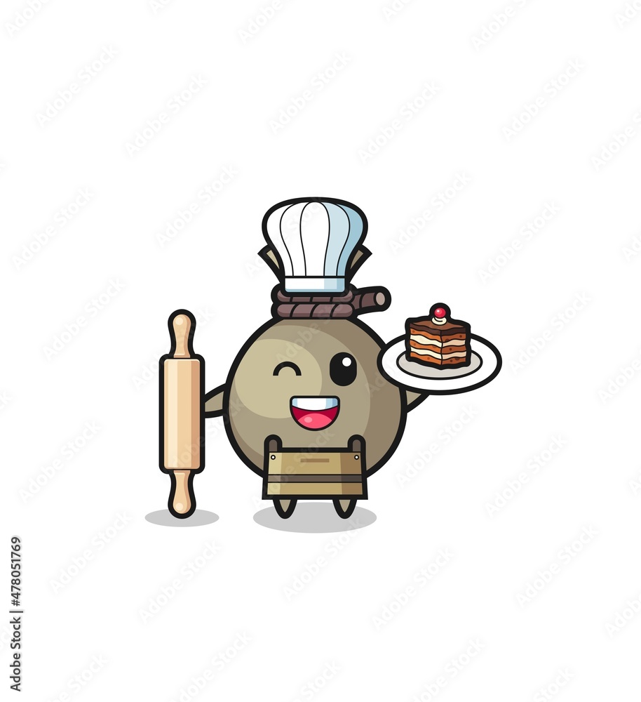 money sack as pastry chef mascot hold rolling pin money sack as pastry chef mascot hold rolling pin