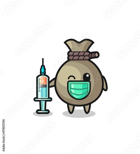 money sack mascot as vaccinator